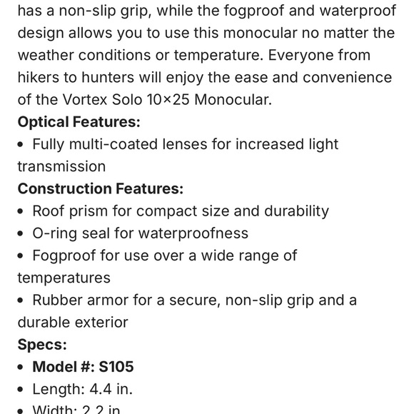 Vortex Solo 10x25 Monocular - Black - Picture 3 of 4